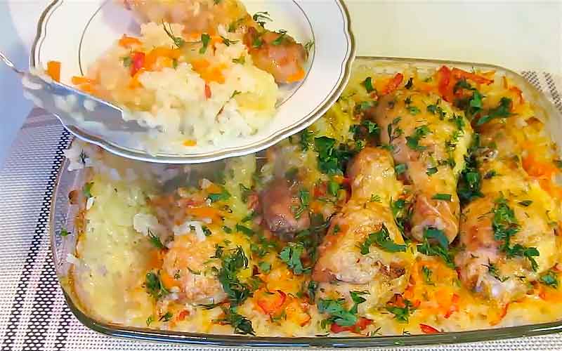 Куриные Голени с Рисом и овощами в духовке с тертым сыром